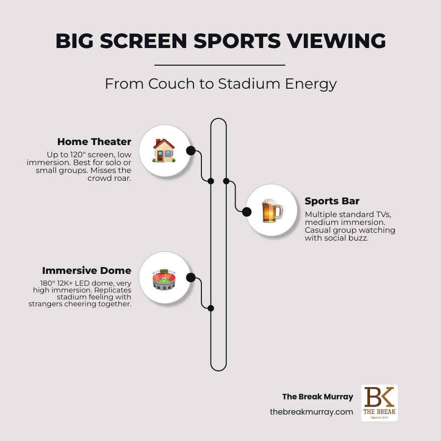 Comparison infographic: home theater vs sports bar vs immersive dome screen size immersion social energy infographic