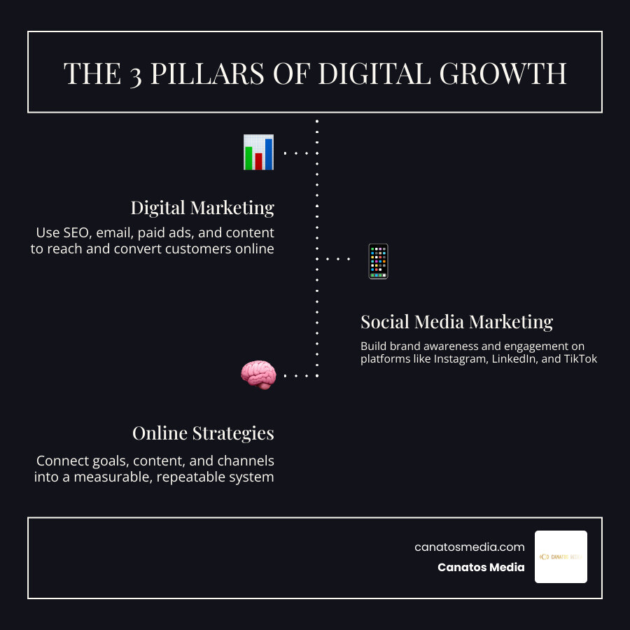 Overview infographic of the digital marketing ecosystem: social media, SEO, paid ads, content, and email channels infographic