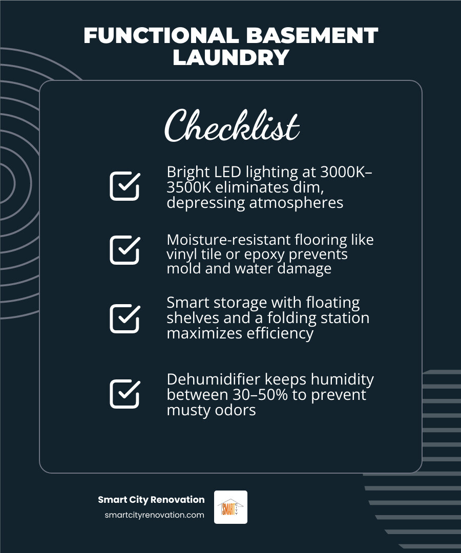 functional basement laundry room layout with lighting, storage, flooring, and safety zones labeled infographic functional basement laundry room layout with lighting, storage, flooring, and safety zones labeled infographic