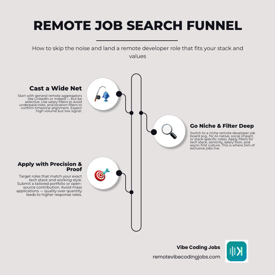 Remote developer job search funnel: from broad job boards to niche filtered listings and final application infographic