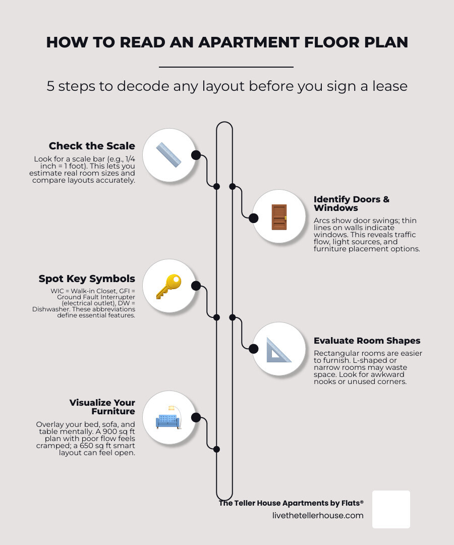 Apartment floor plan types infographic: studio to 3-bedroom sizes, key symbols, and layout comparison infographic