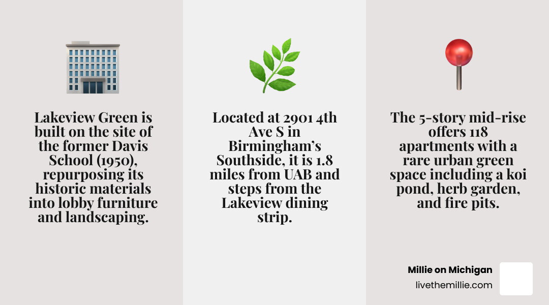 Lakeview Green apartments key highlights infographic: units, rent range, amenities, location scores infographic