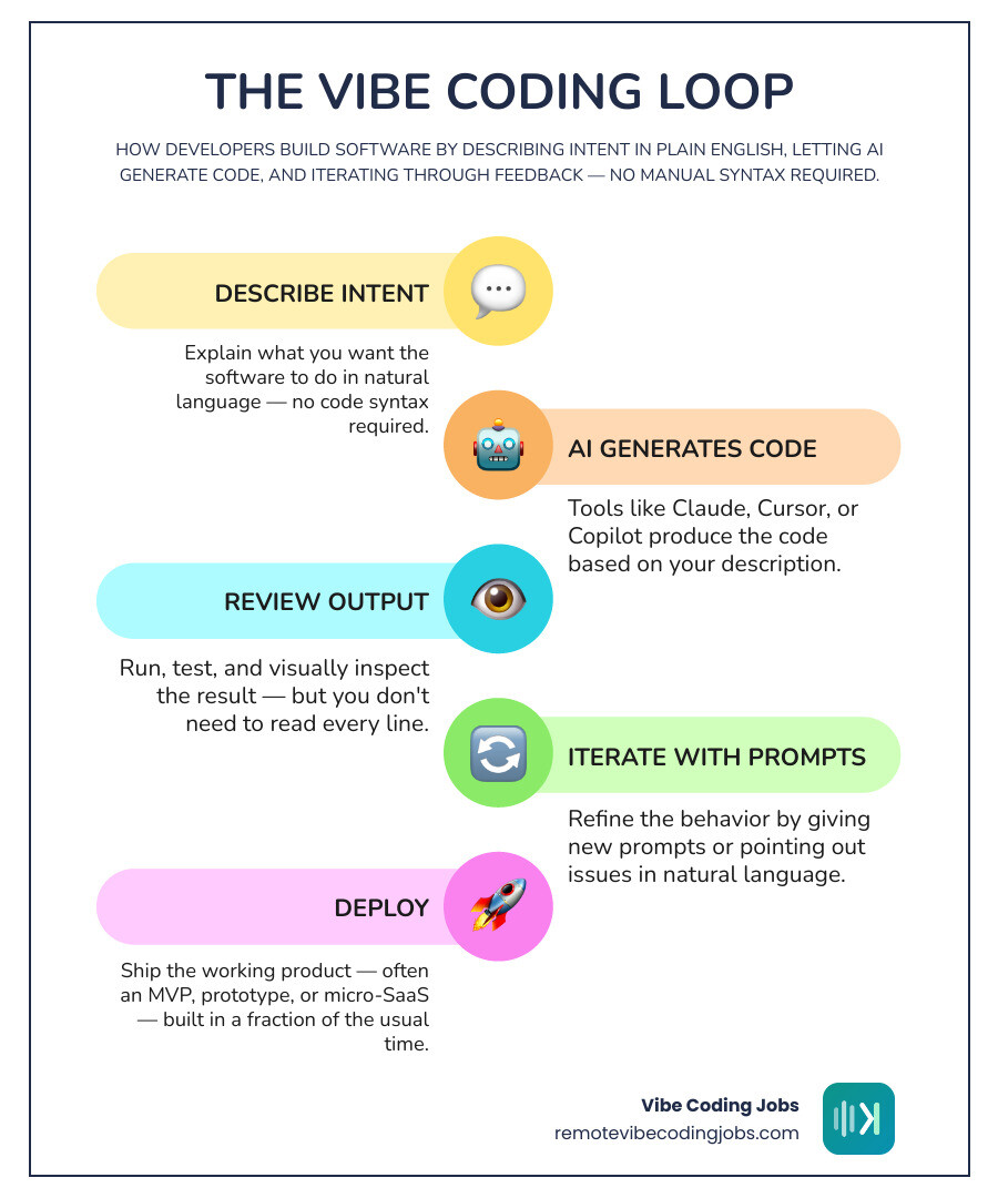 Vibe coding loop infographic: Describe intent to AI generates code to Review output to Iterate with prompts to Deploy infographic