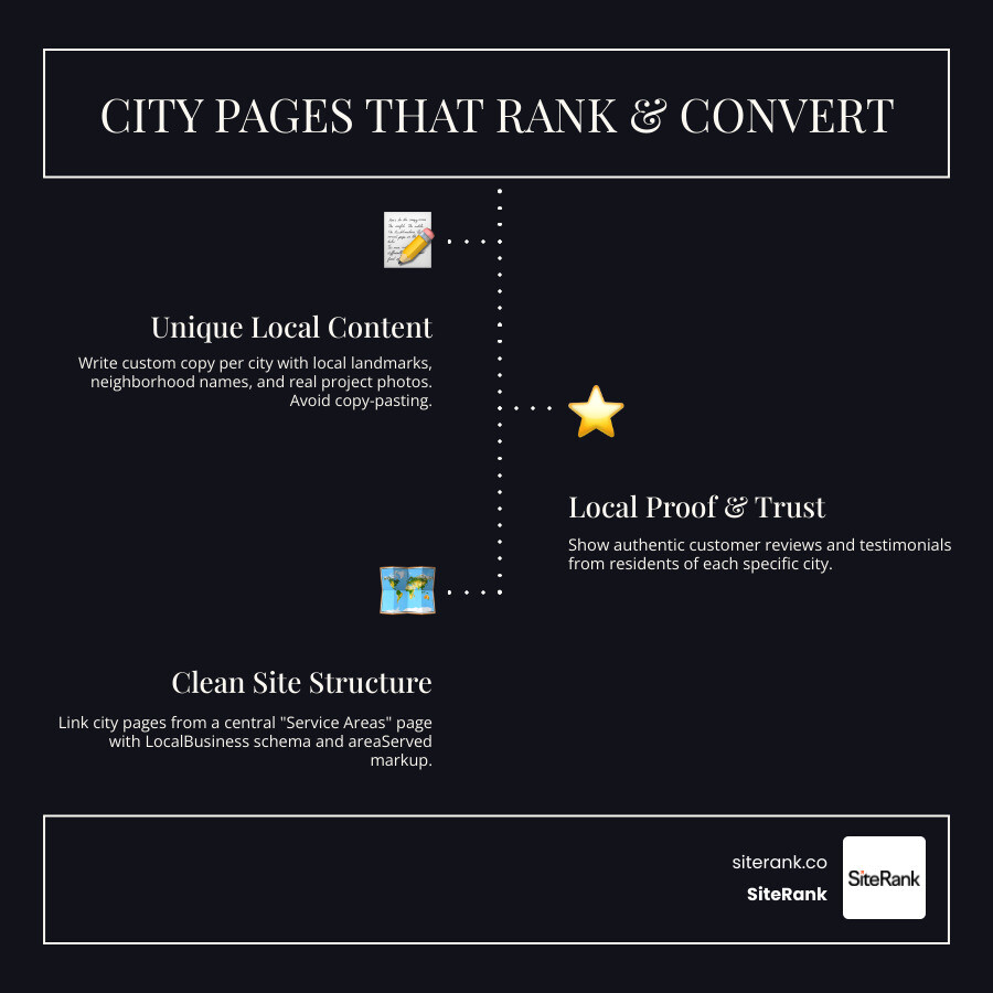 Infographic showing how high-quality city pages capture local search intent and drive organic traffic infographic Infographic showing how high-quality city pages capture local search intent and drive organic traffic infographic