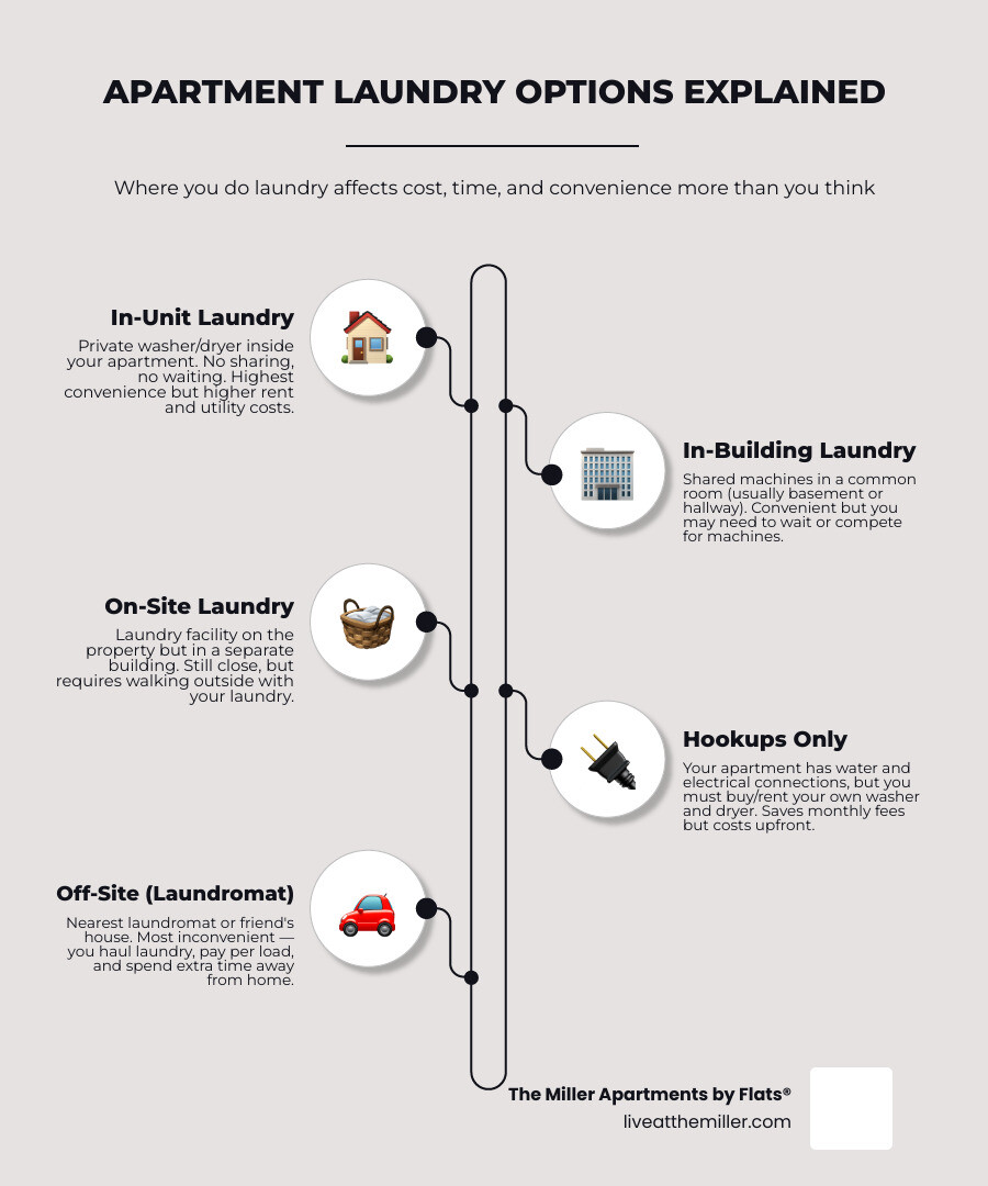 Infographic comparing in-unit, on-site, hookups-only, and off-site laundry options for apartment renters infographic
