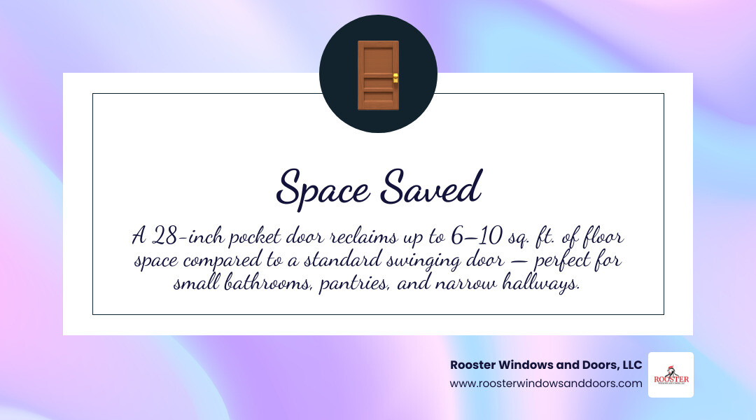 Infographic showing space savings of a 28-inch pocket door versus a standard swinging door infographic Infographic showing space savings of a 28-inch pocket door versus a standard swinging door infographic