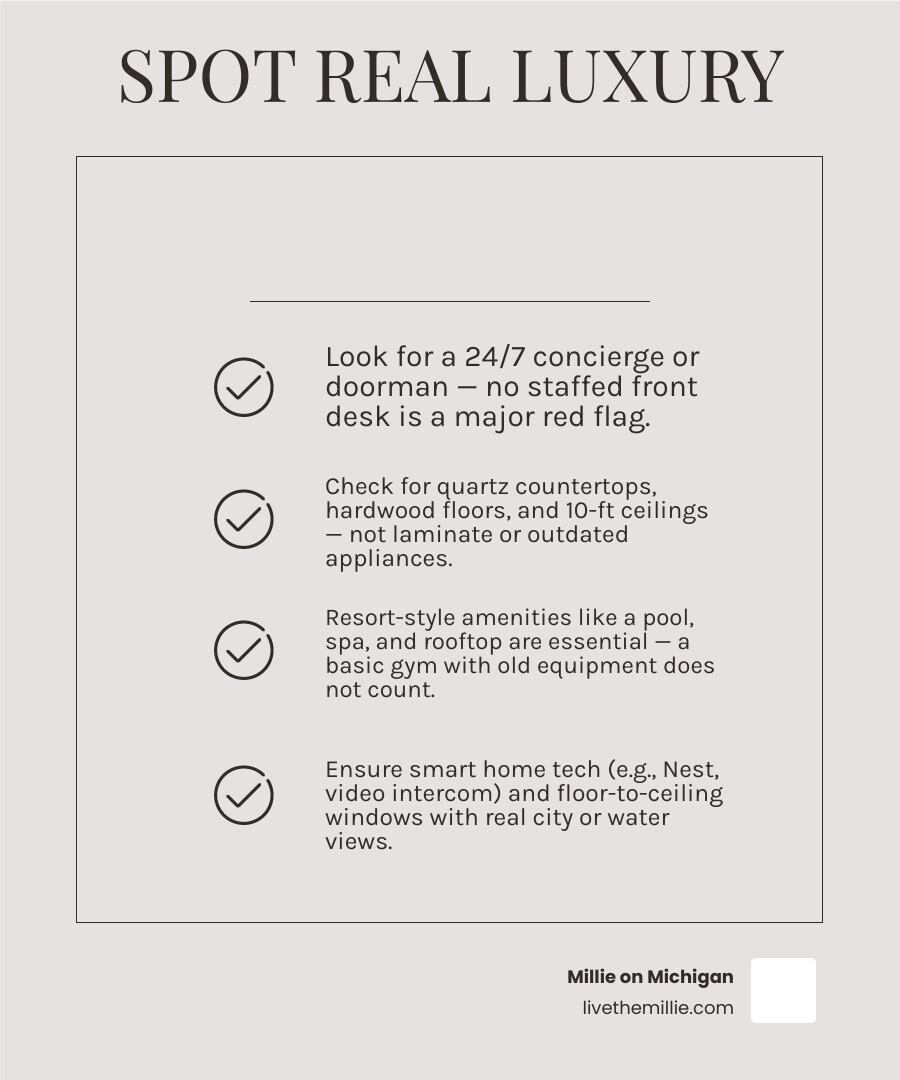 Key indicators that define true luxury apartments vs. standard rentals infographic