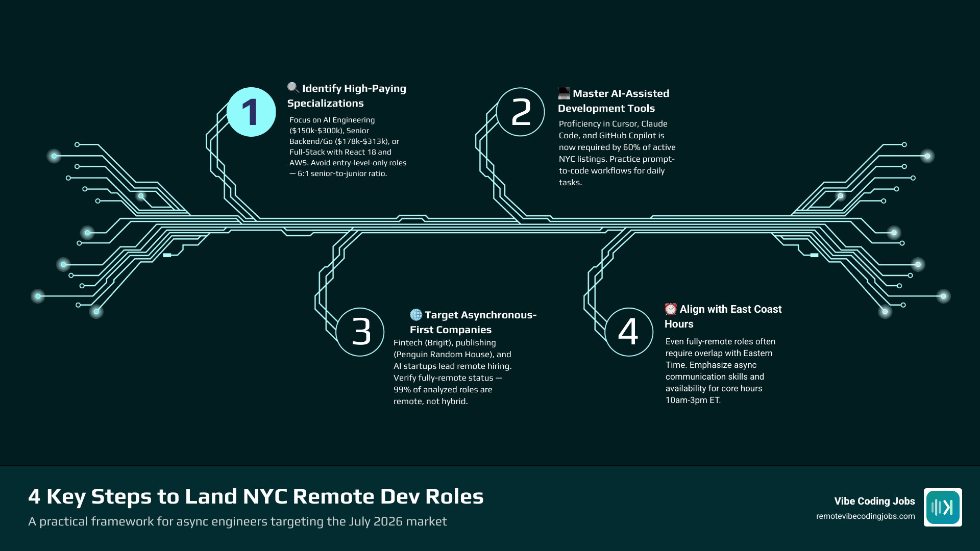 NYC remote developer market trends: salary ranges, role types, experience levels, and AI tool demand infographic