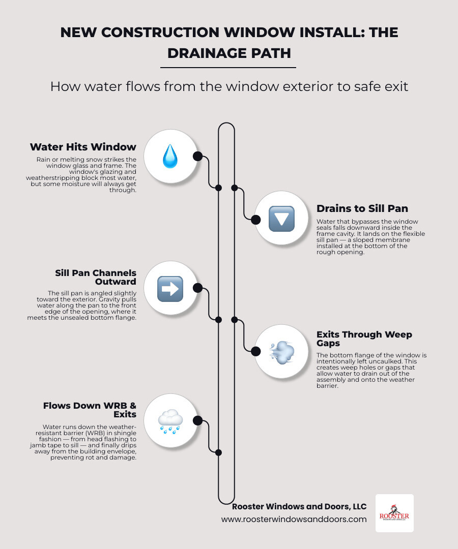Infographic explaining the weather plane and drainage path for a new construction window install infographic Infographic explaining the weather plane and drainage path for a new construction window install infographic