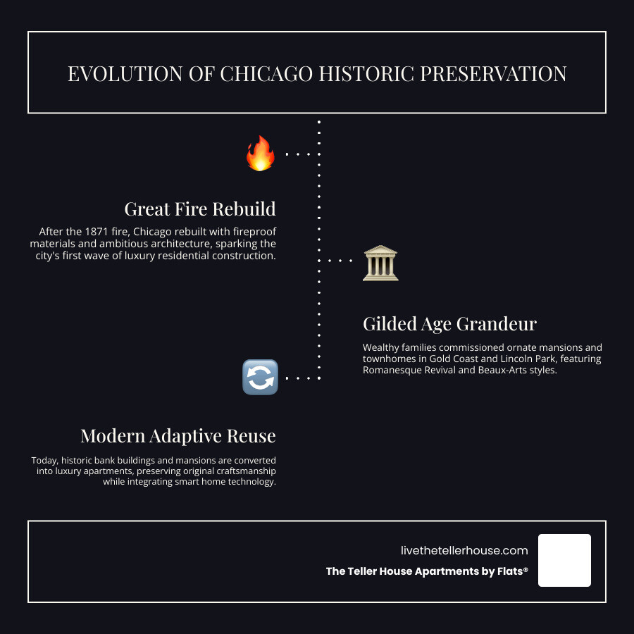 Evolution of Chicago historic preservation from post-fire rebuilding to modern luxury adaptive reuse infographic Evolution of Chicago historic preservation from post-fire rebuilding to modern luxury adaptive reuse infographic