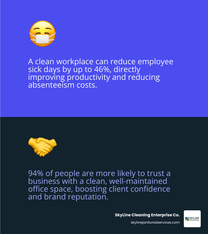 Infographic showing impact of professional office cleaning services Chicago on health productivity and compliance infographic