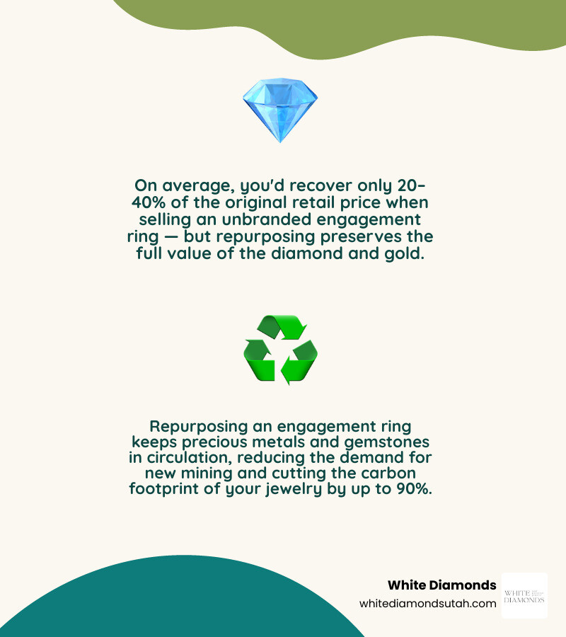 Infographic showing 5 popular repurpose engagement ring ideas with pros and cons of each option infographic Infographic showing 5 popular repurpose engagement ring ideas with pros and cons of each option infographic