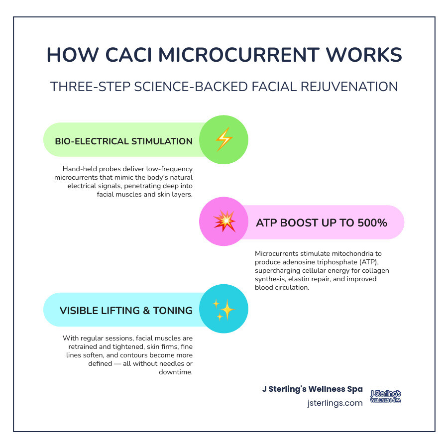 How CACI microcurrent stimulates facial muscles, boosts ATP, and delivers lifting and toning results infographic
