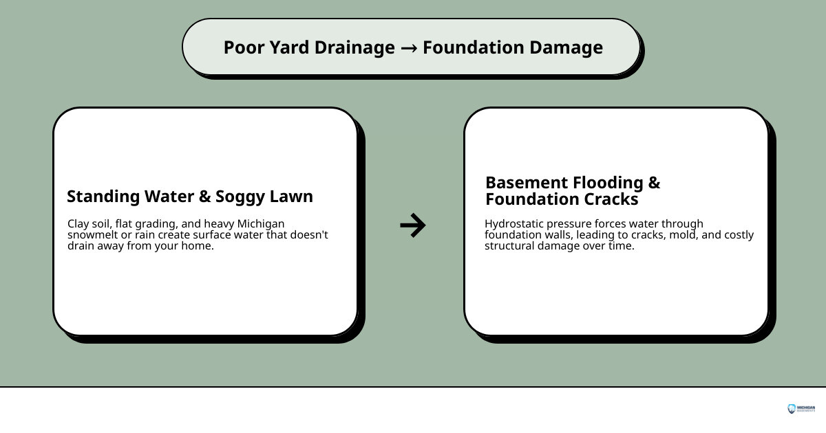 Infographic showing how poor yard drainage leads to foundation flooding in Michigan homes infographic