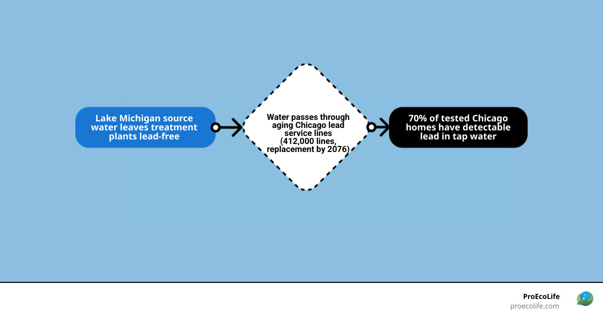 Infographic showing how lead leaches from Chicago service lines into home tap water and how certified filters block it Infographic showing how lead leaches from Chicago service lines into home tap water and how certified filters block it