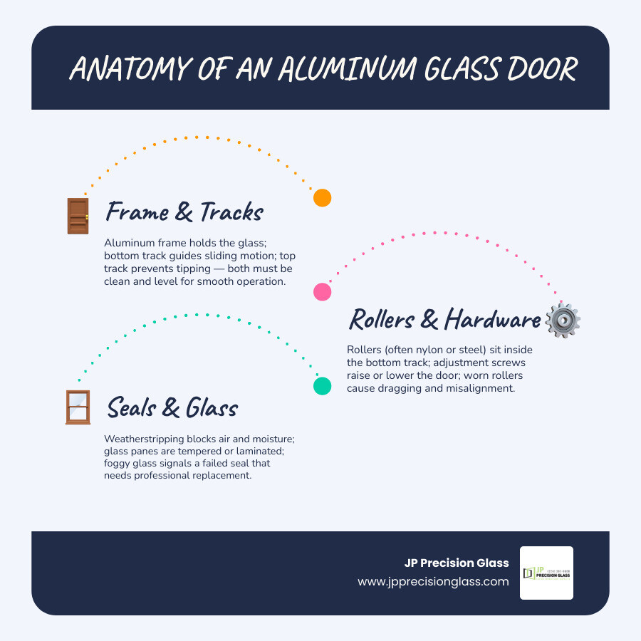Anatomy of an aluminum glass door system with labeled components infographic