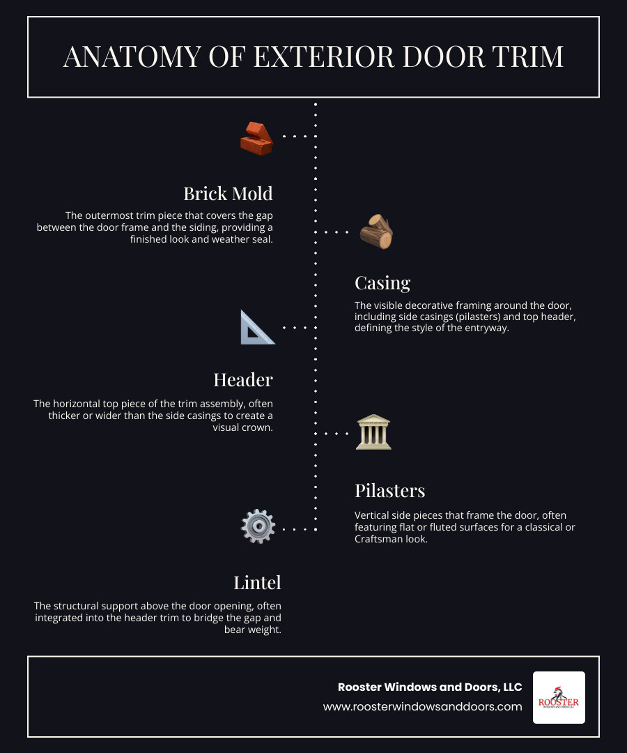 Anatomy of exterior door trim including pilasters, lintel, header, casing, and brick mold infographic Anatomy of exterior door trim including pilasters, lintel, header, casing, and brick mold infographic