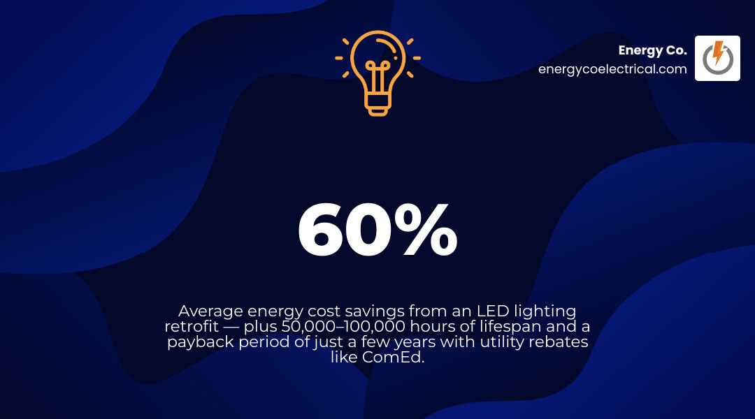LED lighting retrofit benefits infographic: energy savings up to 60%, lifespan 50,000–100,000 hours, payback in a few years