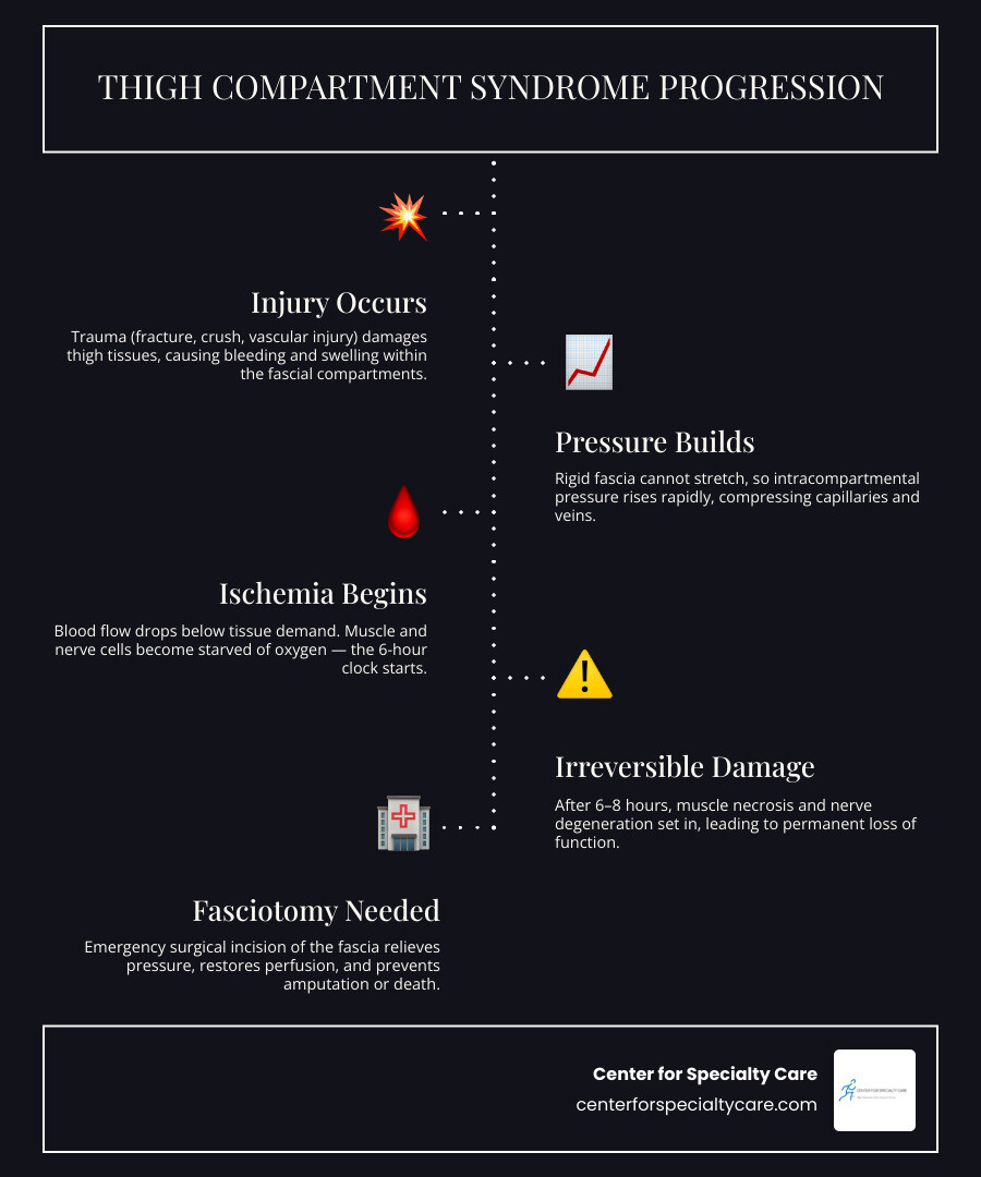 Thigh compartment syndrome pathophysiology: pressure buildup, ischemia, and irreversible necrosis timeline infographic