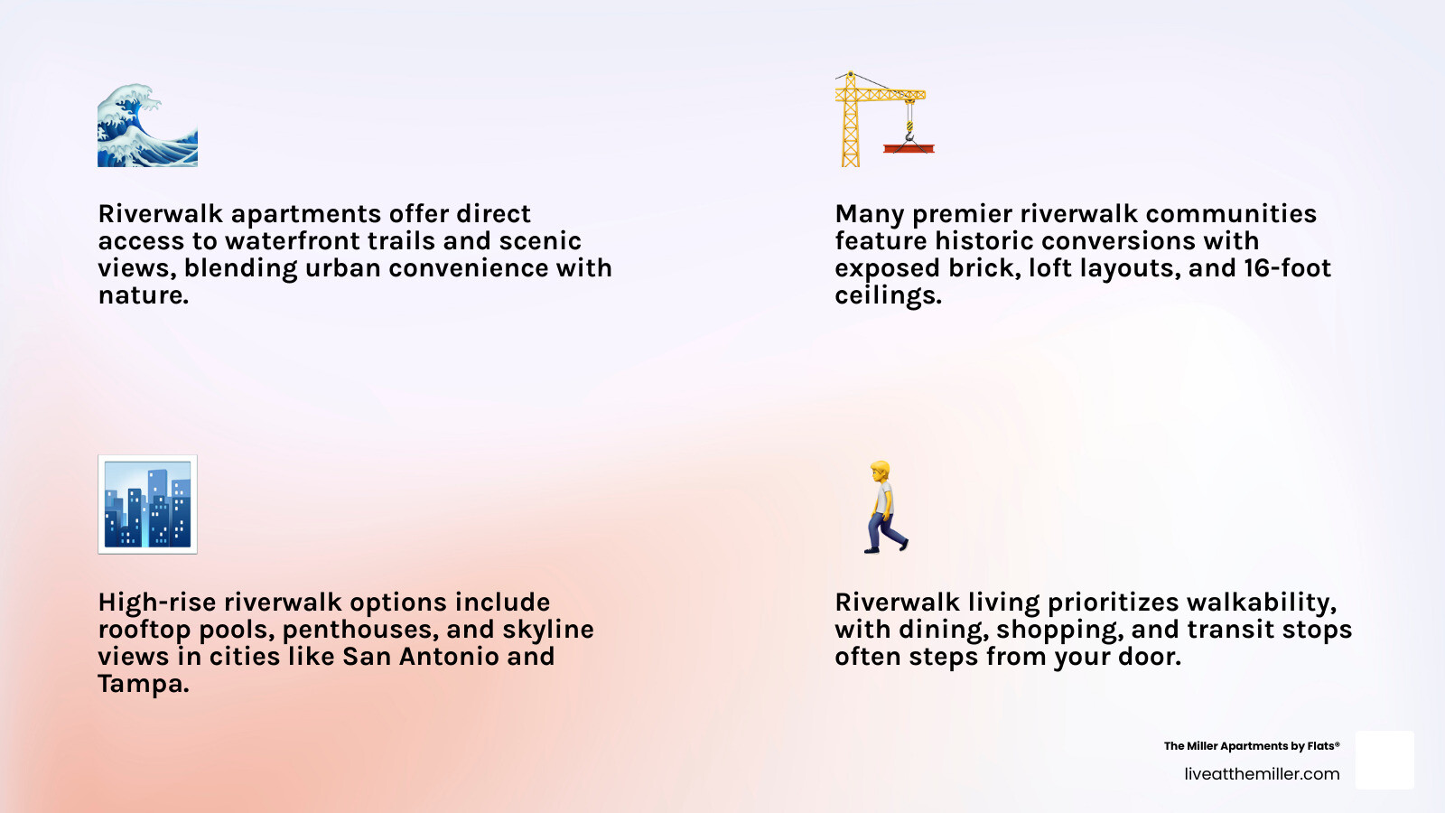 comparison infographic of top riverwalk apartment communities across the US with key features infographic
