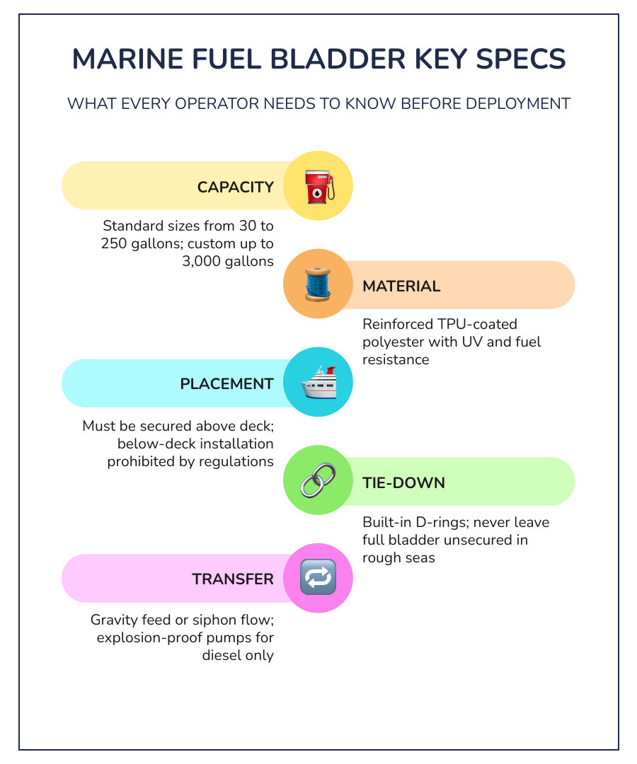 Marine fuel bladder key specs, fuel types, size range, placement rules, and transfer methods infographic Marine fuel bladder key specs, fuel types, size range, placement rules, and transfer methods infographic