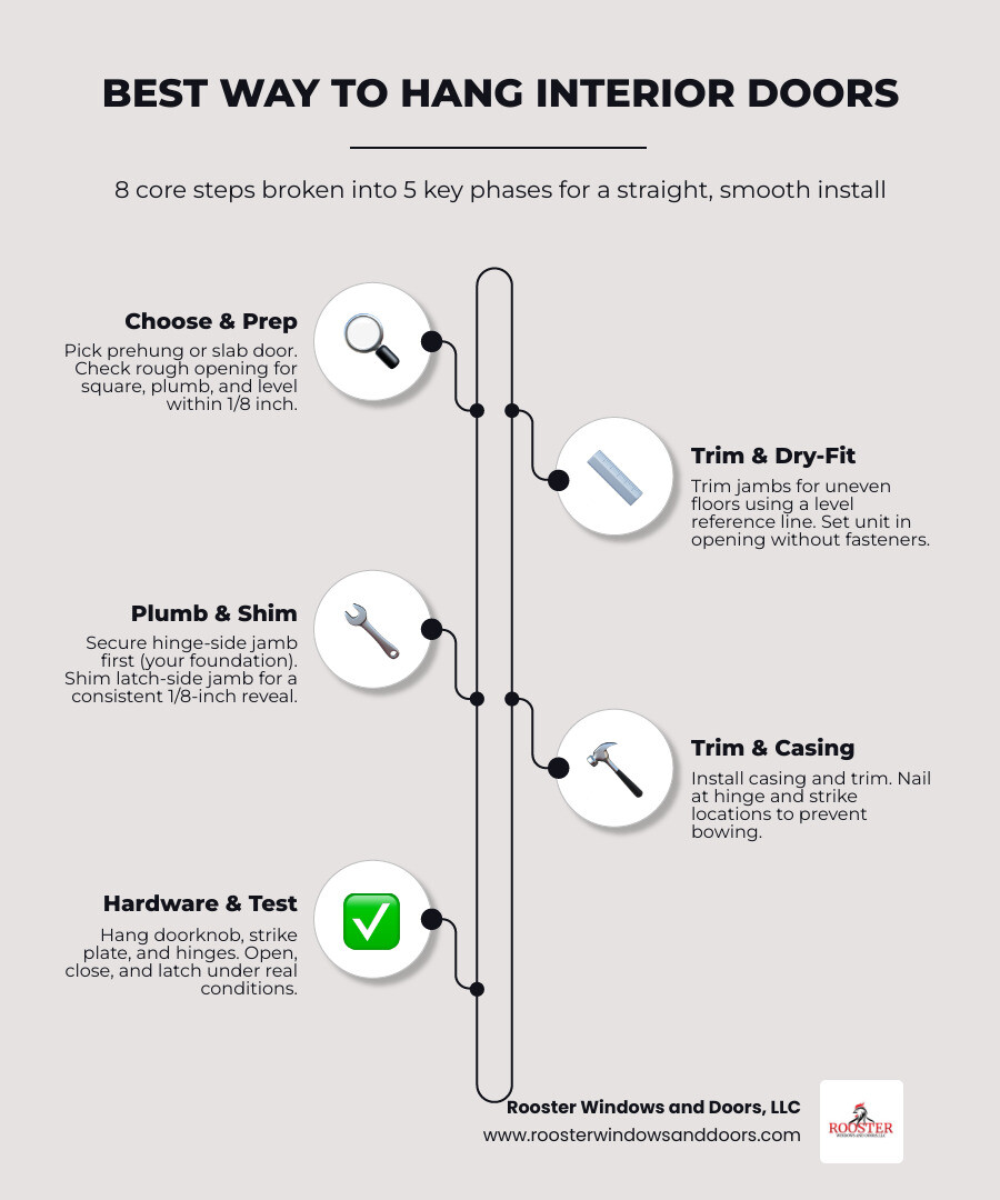 Step-by-step infographic showing 8 steps to hang an interior door correctly infographic Step-by-step infographic showing 8 steps to hang an interior door correctly infographic