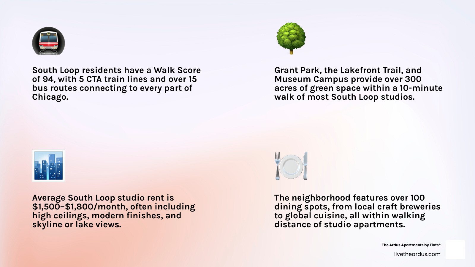 Infographic showing South Loop Chicago neighborhood walkability score transit access green space and local amenities