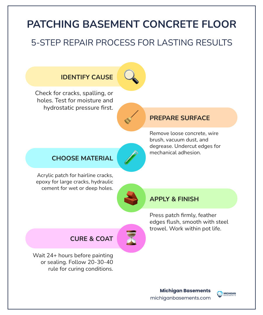 Causes of basement floor cracks, repair materials, and step-by-step patching process infographic infographic Causes of basement floor cracks, repair materials, and step-by-step patching process infographic infographic