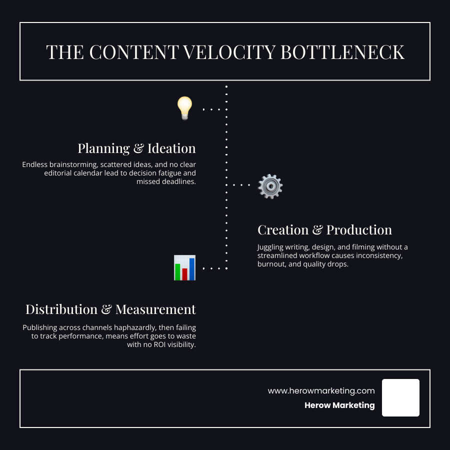 content velocity bottleneck phases from planning to burnout with key pain points infographic