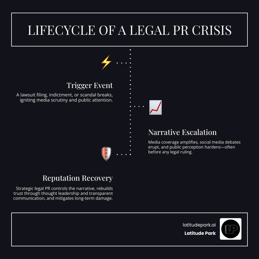 Lifecycle of a legal PR crisis from trigger event to reputation recovery infographic