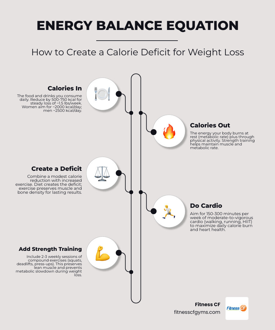 Energy balance equation showing calories in vs calories out for weight loss infographic
