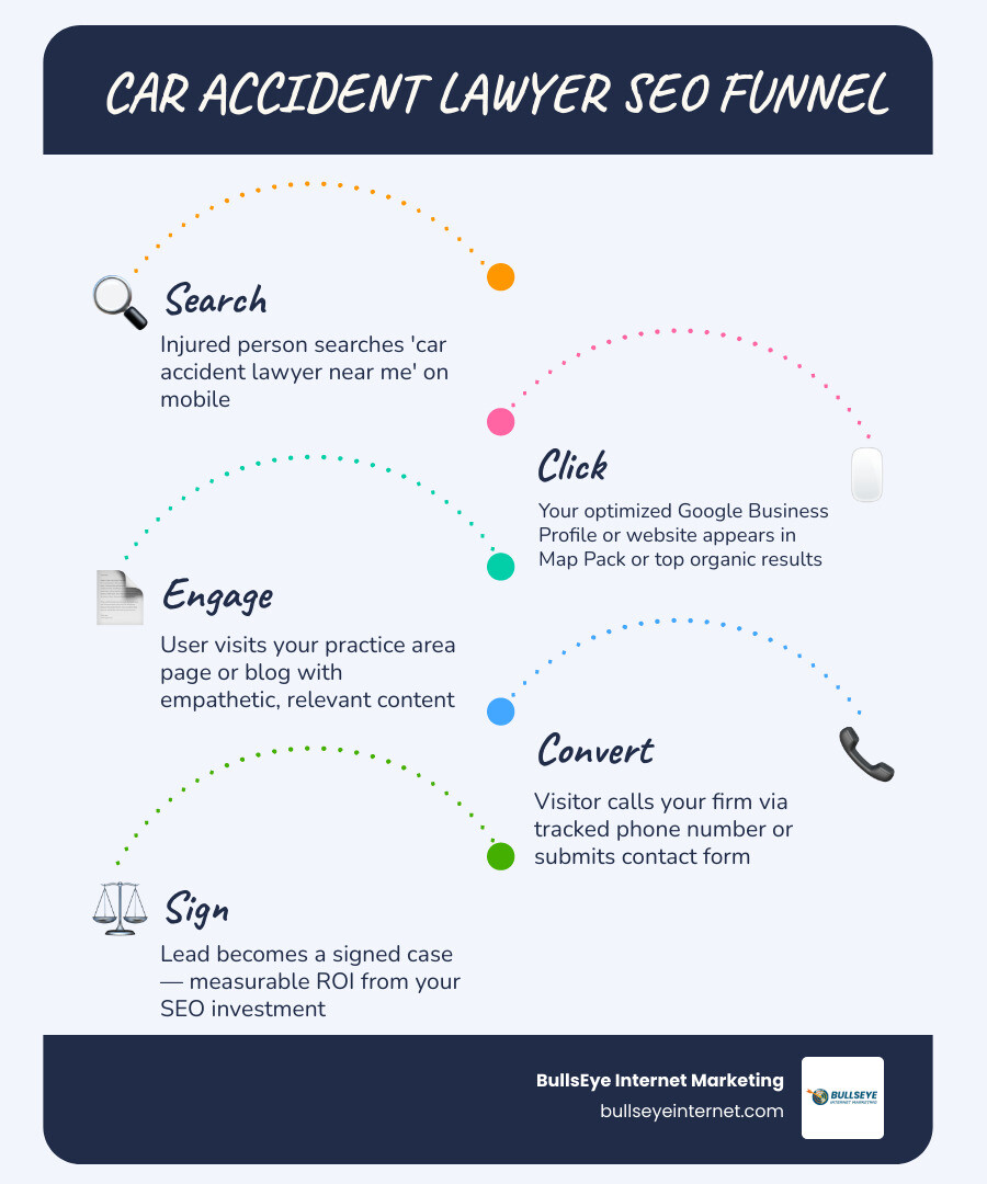 Car accident lawyer SEO funnel from search to signed case infographic infographic Car accident lawyer SEO funnel illustrating search, conversion, and lead generation for law firms.