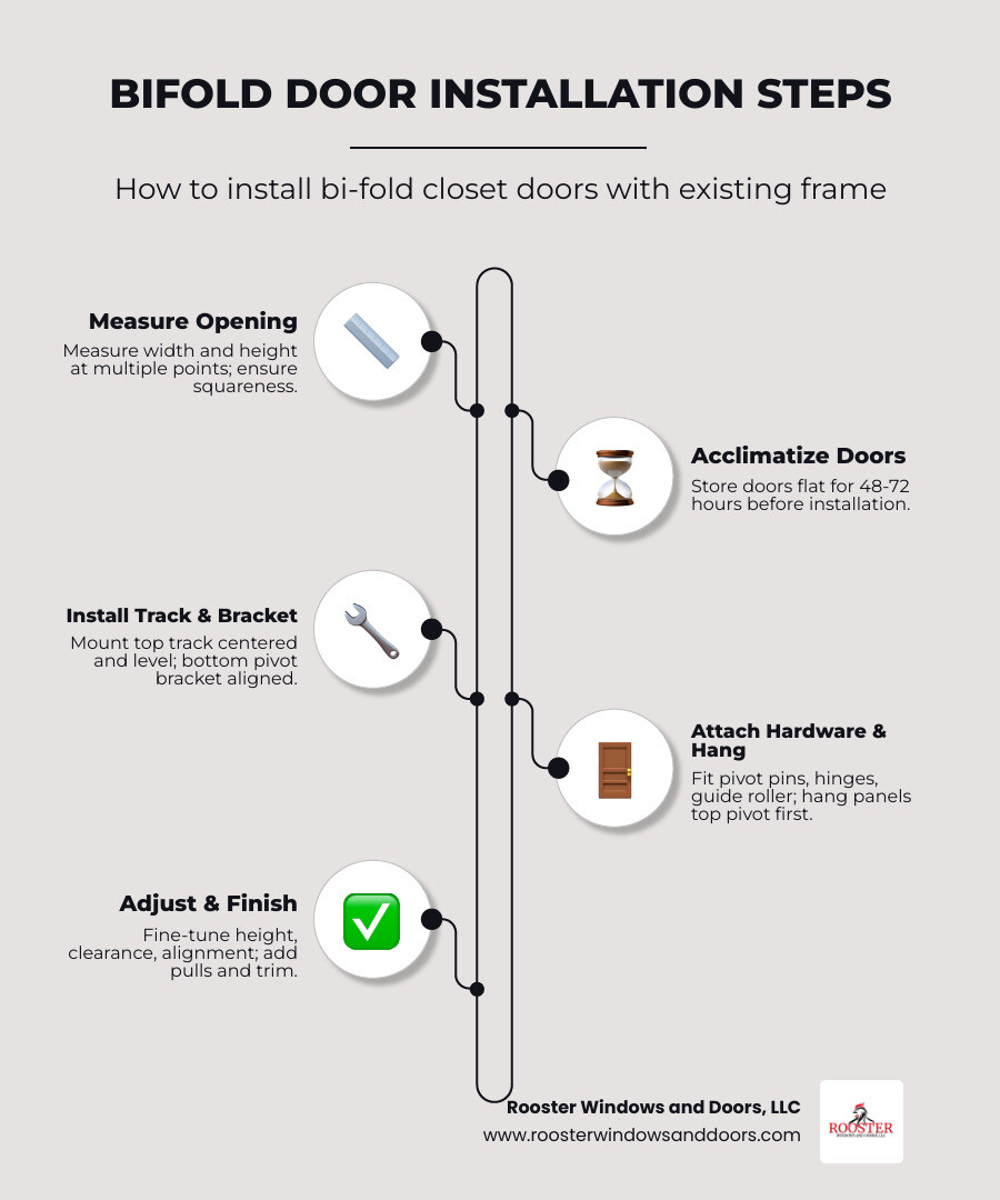Bifold door components diagram: track, pivot pins, guide roller, jamb bracket, door panels, aligners infographic Bifold door components diagram: track, pivot pins, guide roller, jamb bracket, door panels, aligners infographic