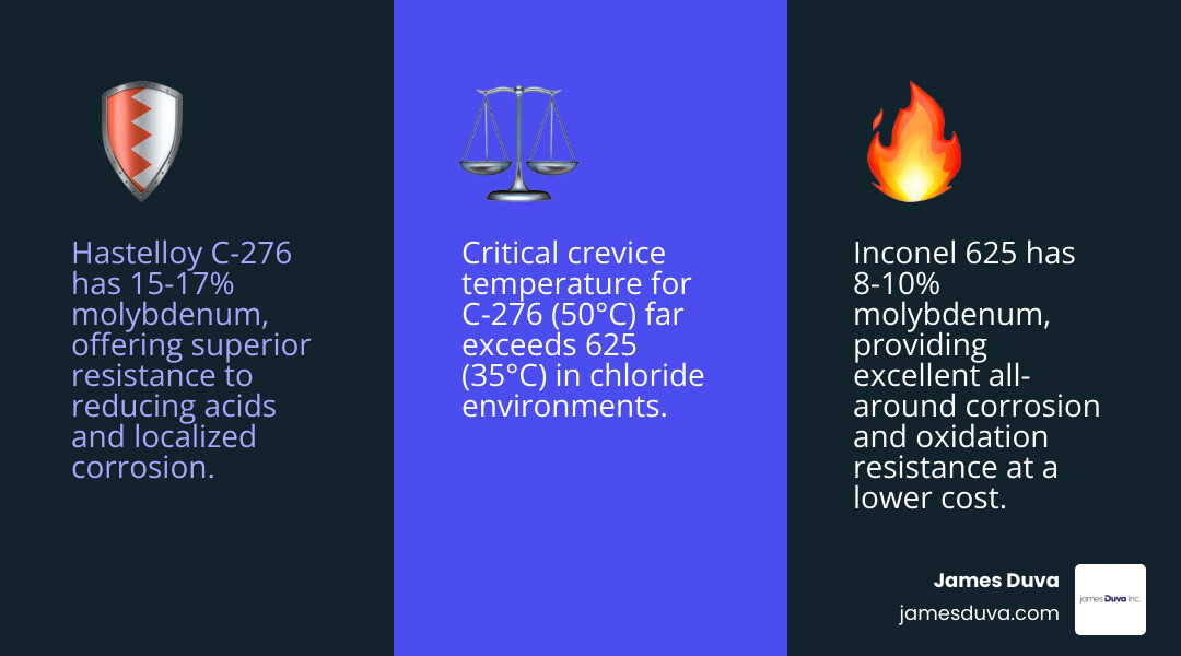 Infographic comparing Hastelloy C-276 vs Inconel 625 key attributes: composition, corrosion, cost, and applications