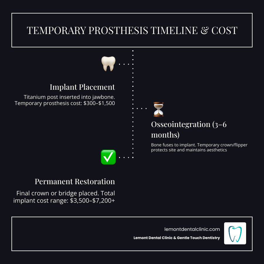 Dental implant timeline from temporary prosthesis to permanent restoration with cost ranges infographic
