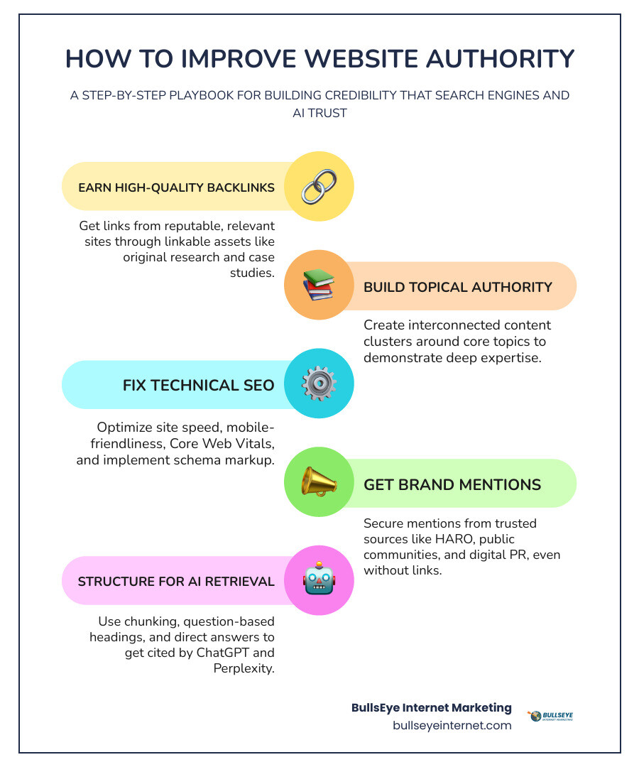 Components of website authority and how they contribute to search rankings and AI visibility infographic Components of website authority and how they contribute to search rankings and AI visibility infographic