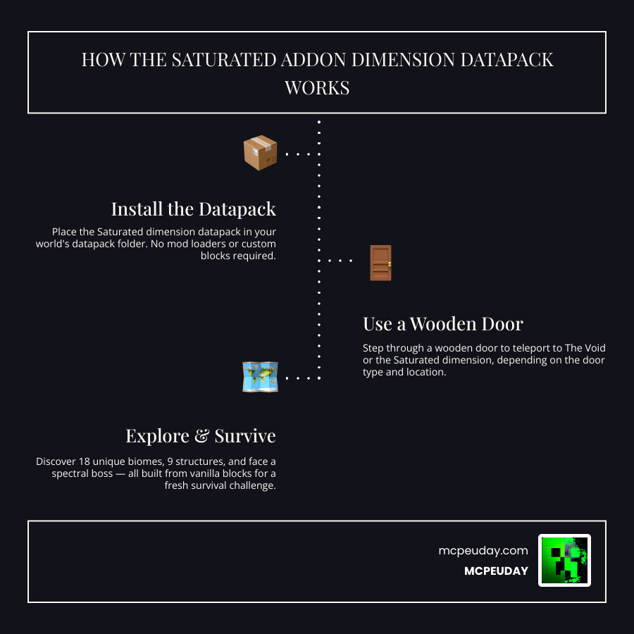 Saturated Addon dimensions overview infographic showing Overworld, Void, and Saturated dimension features infographic
