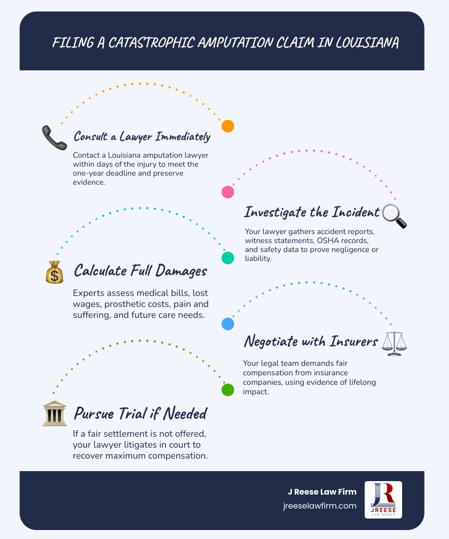 Step-by-step process of filing a catastrophic amputation injury claim in Louisiana infographic