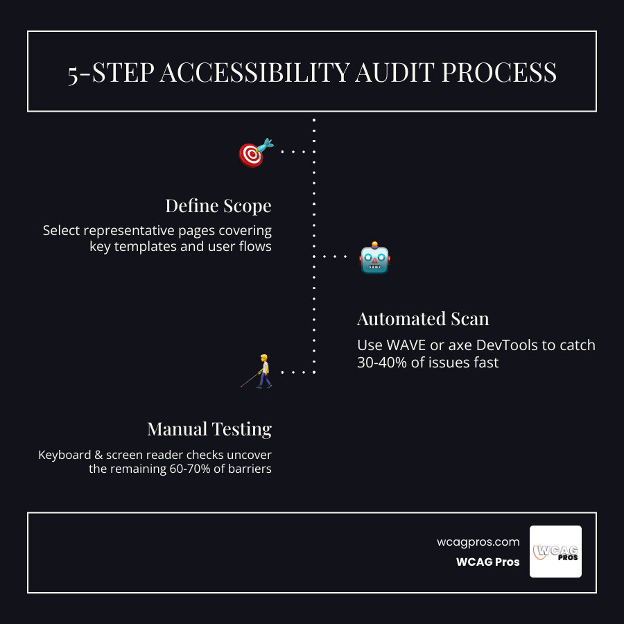 5-step web accessibility audit process infographic with scope, scan, manual test, visual review, and document infographic 5-step web accessibility audit process infographic with scope, scan, manual test, visual review, and document infographic