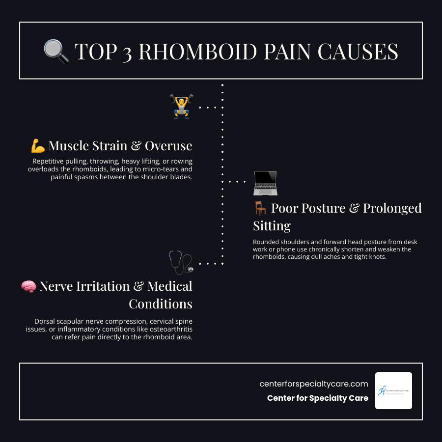 Rhomboid muscle anatomy and common pain triggers infographic infographic