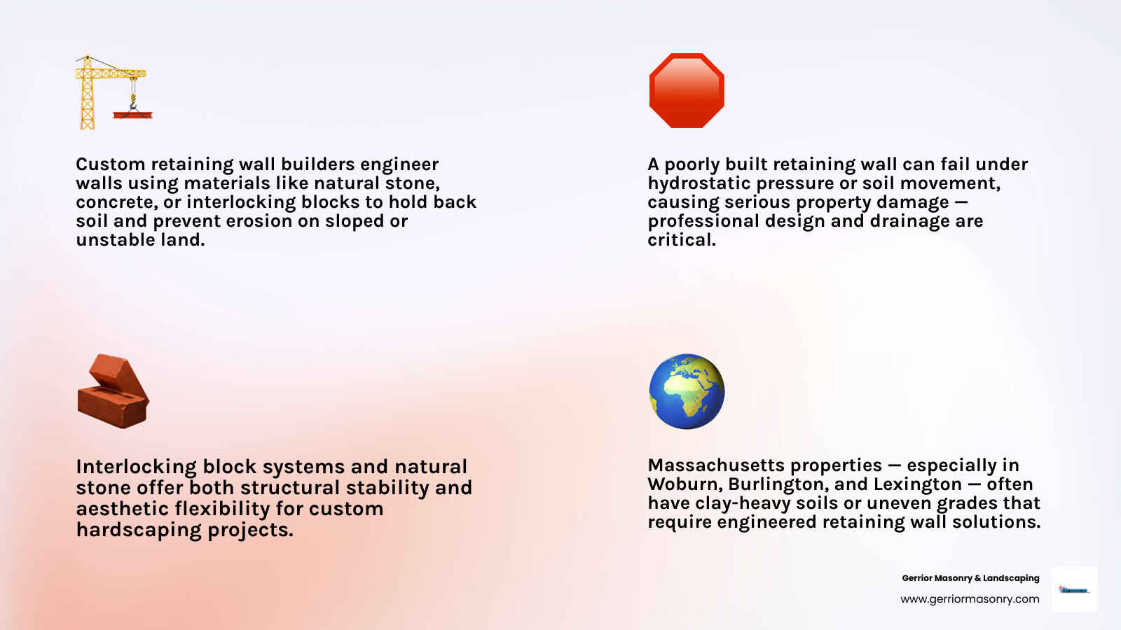 Structural components of a retaining wall including base, drainage, backfill, and wall face infographic Structural components of a retaining wall including base, drainage, backfill, and wall face infographic