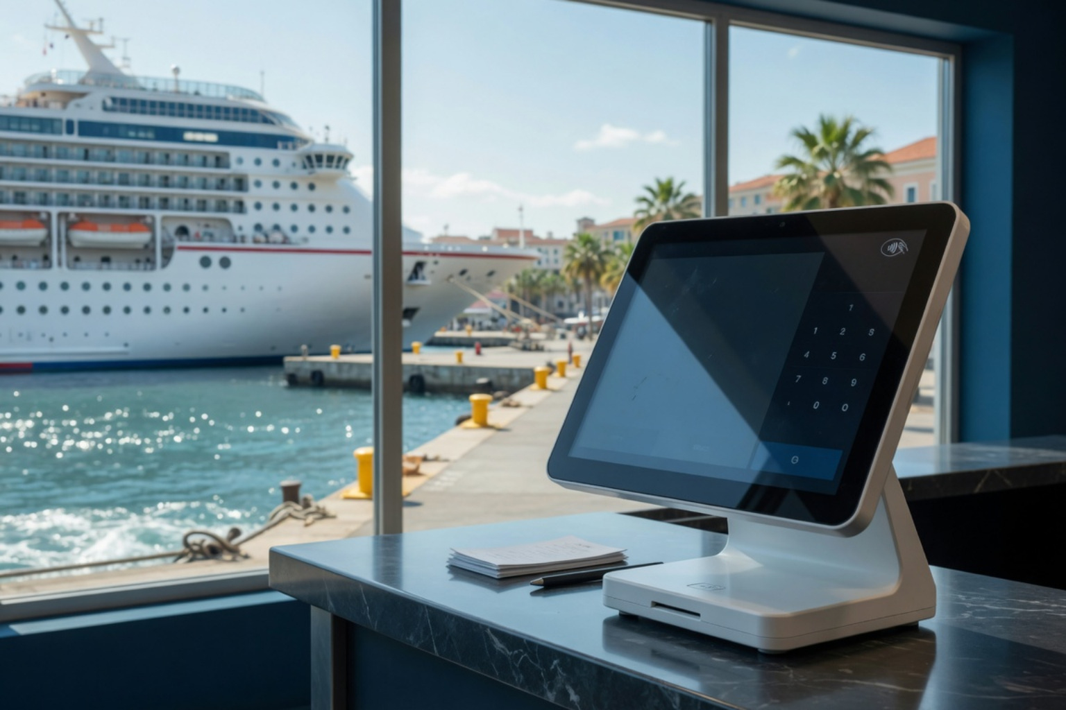 Sleek unbranded white touchscreen POS device on a professional counter with minimal fintech aesthetic Sleek unbranded white touchscreen POS device on a professional counter with minimal fintech aesthetic