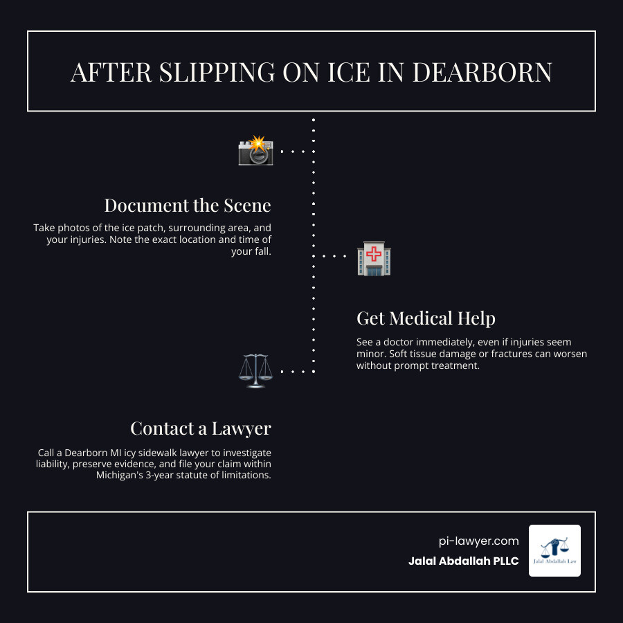 Infographic: steps to take after slipping on ice in Dearborn MI — call 911, document the scene, get witness info, seek Infographic: steps to take after slipping on ice in Dearborn MI — call 911, document the scene, get witness info, seek