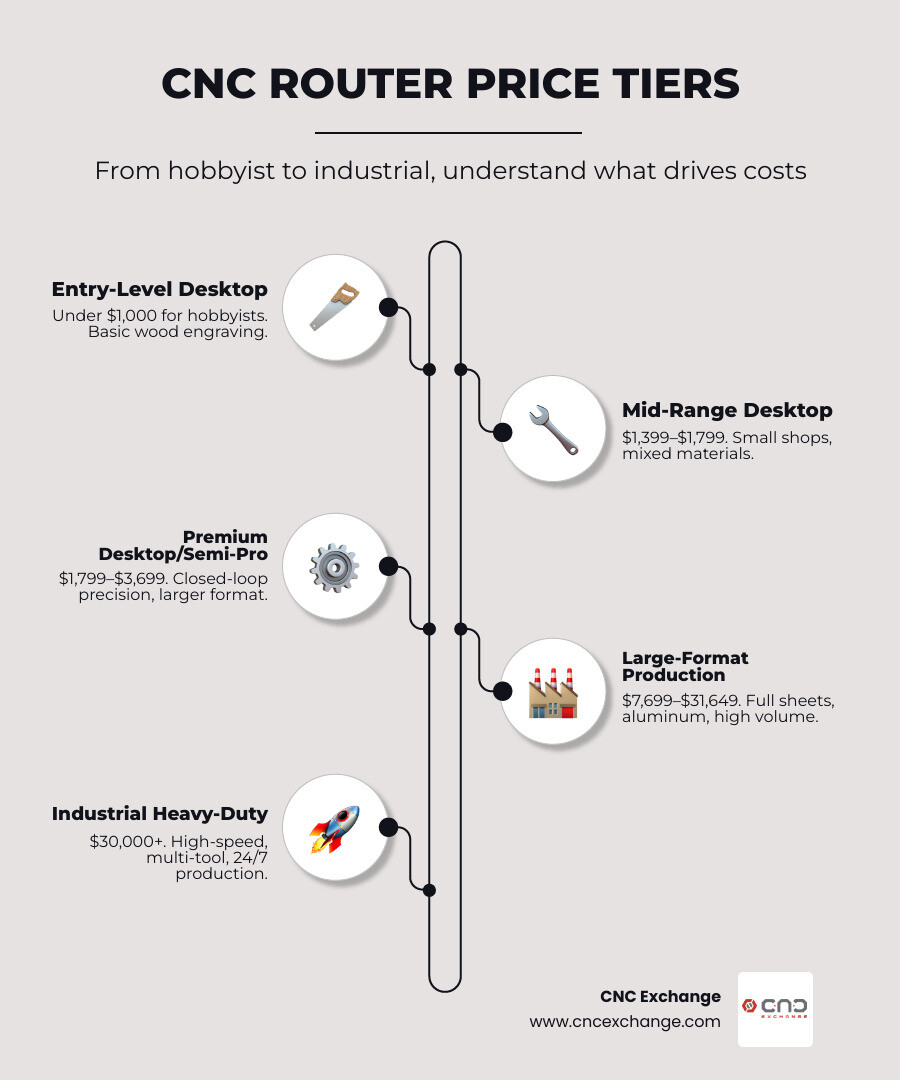 CNC router price tiers from entry-level hobbyist to industrial large-format systems infographic