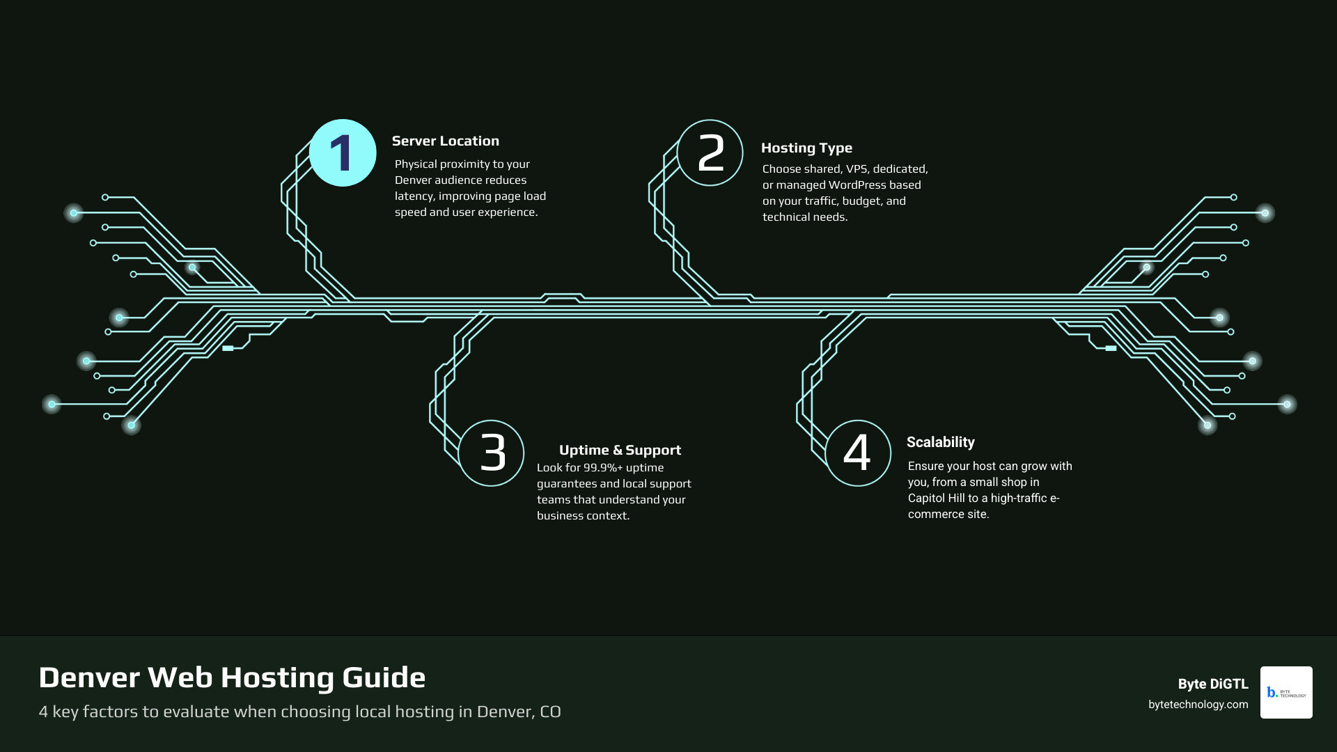 Infographic showing Denver web hosting options by type, cost, uptime, and best use case infographic