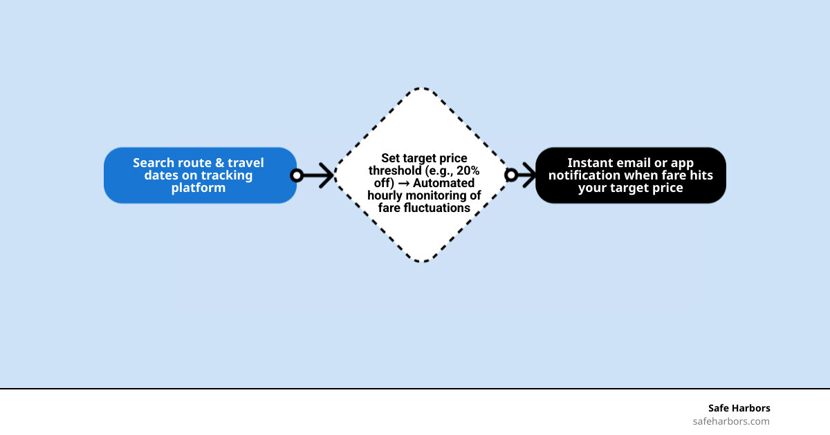 How flight price drop alerts work: setup, monitoring, notification, and booking steps infographic How flight price drop alerts work: setup, monitoring, notification, and booking steps infographic