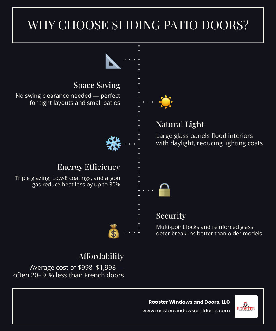 Infographic comparing sliding patio doors vs French doors: cost, space, style, and efficiency infographic