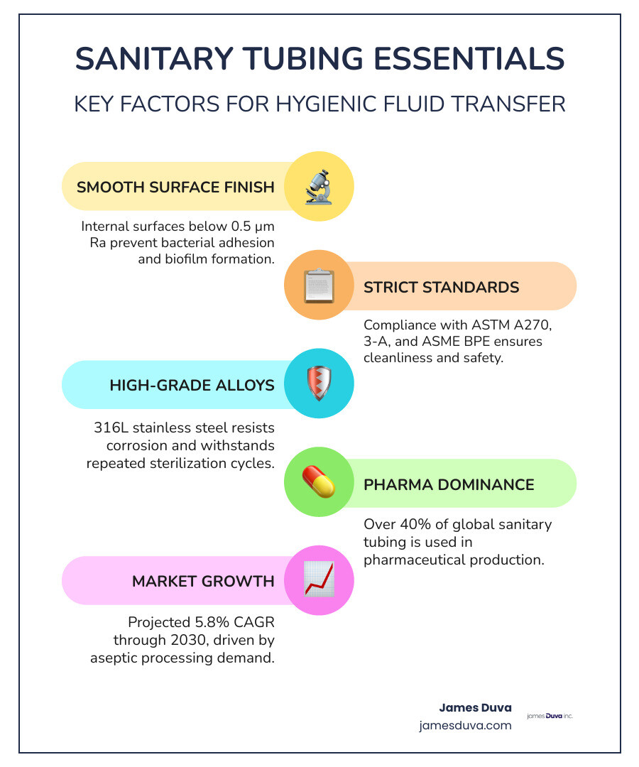 Infographic comparing sanitary stainless tubing vs standard industrial tubing: surface finish, standards, applications, and Infographic comparing sanitary stainless tubing vs standard industrial tubing: surface finish, standards, applications, and
