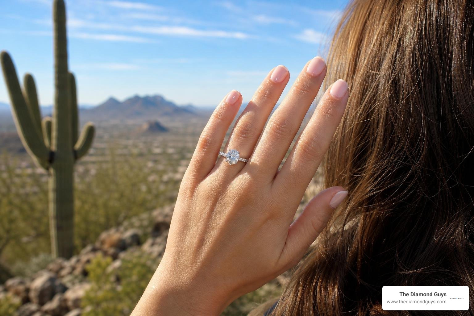 A stunning lab-grown diamond engagement ring catching the Arizona sun A stunning lab-grown diamond engagement ring catching the Arizona sun