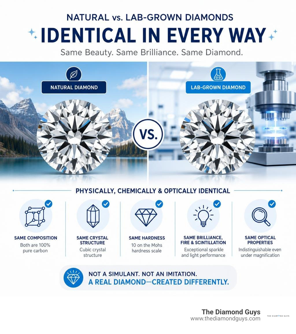Infographic explaining the physical and chemical equivalence of natural vs. lab-grown diamonds infographic Infographic explaining the physical and chemical equivalence of natural vs. lab-grown diamonds infographic